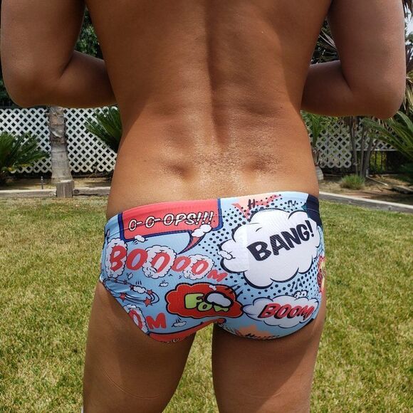 Men's Padded Comic Bang Swim Wear Briefs Push Up Cup Enhancing Size L - Picture 2 of 10